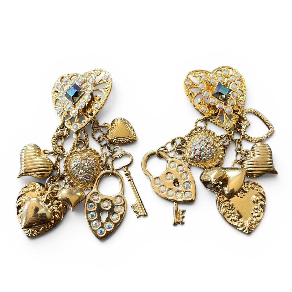 Kirks Folly Vintage Swarovski Gold-Tone Danglng Multi Hearts Clip On Earrings